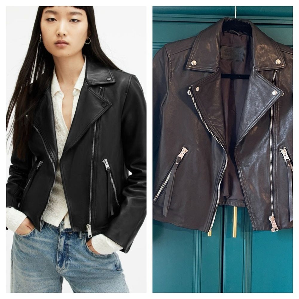 AllSaints Dalby Leather Biker Jacket Women’s XS Black Slim Fit Moto Style